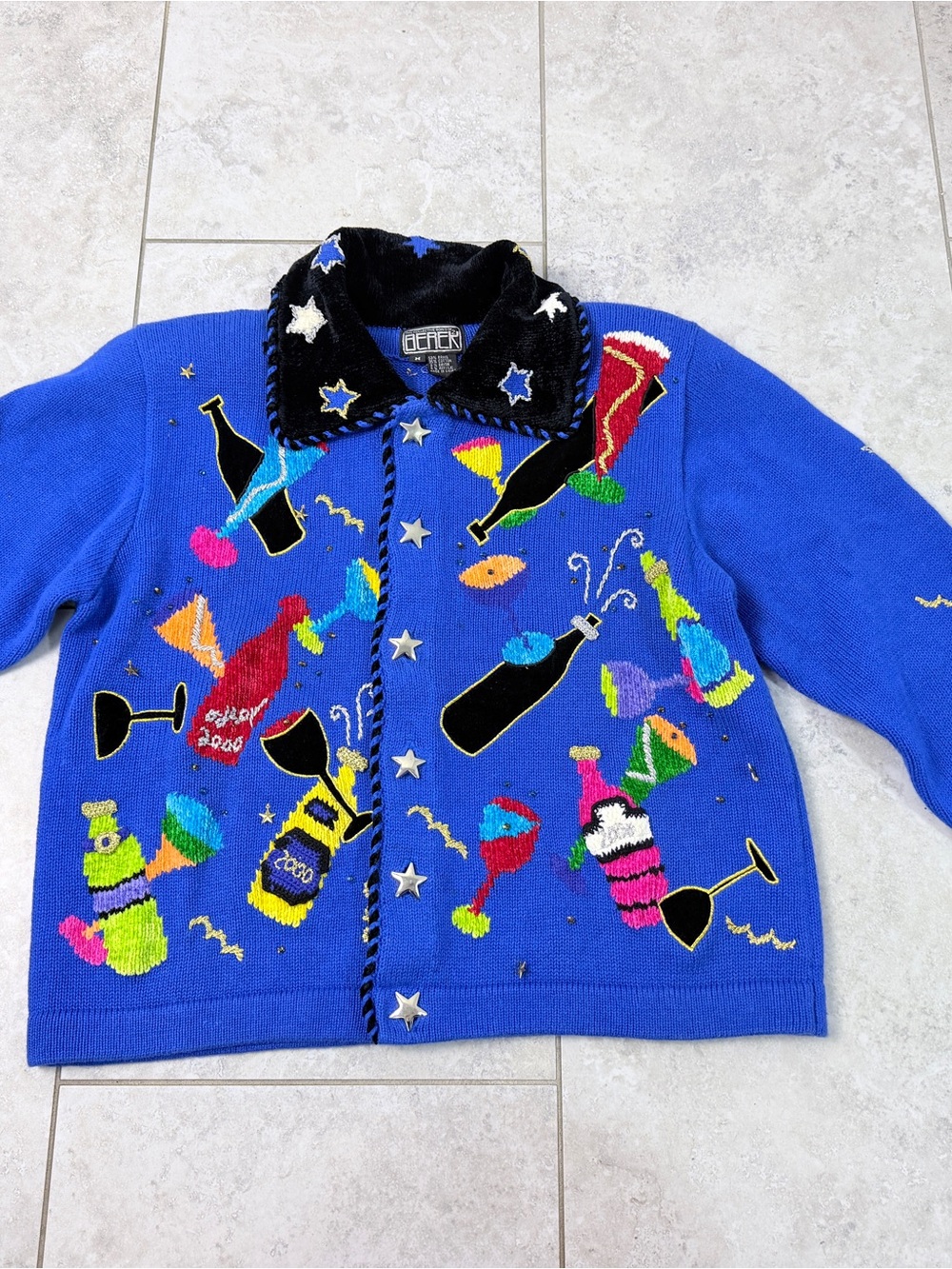 Vintage Berek Y2K New Year’s Eve Pullover Sweater Women’s M Party Blue Champagne